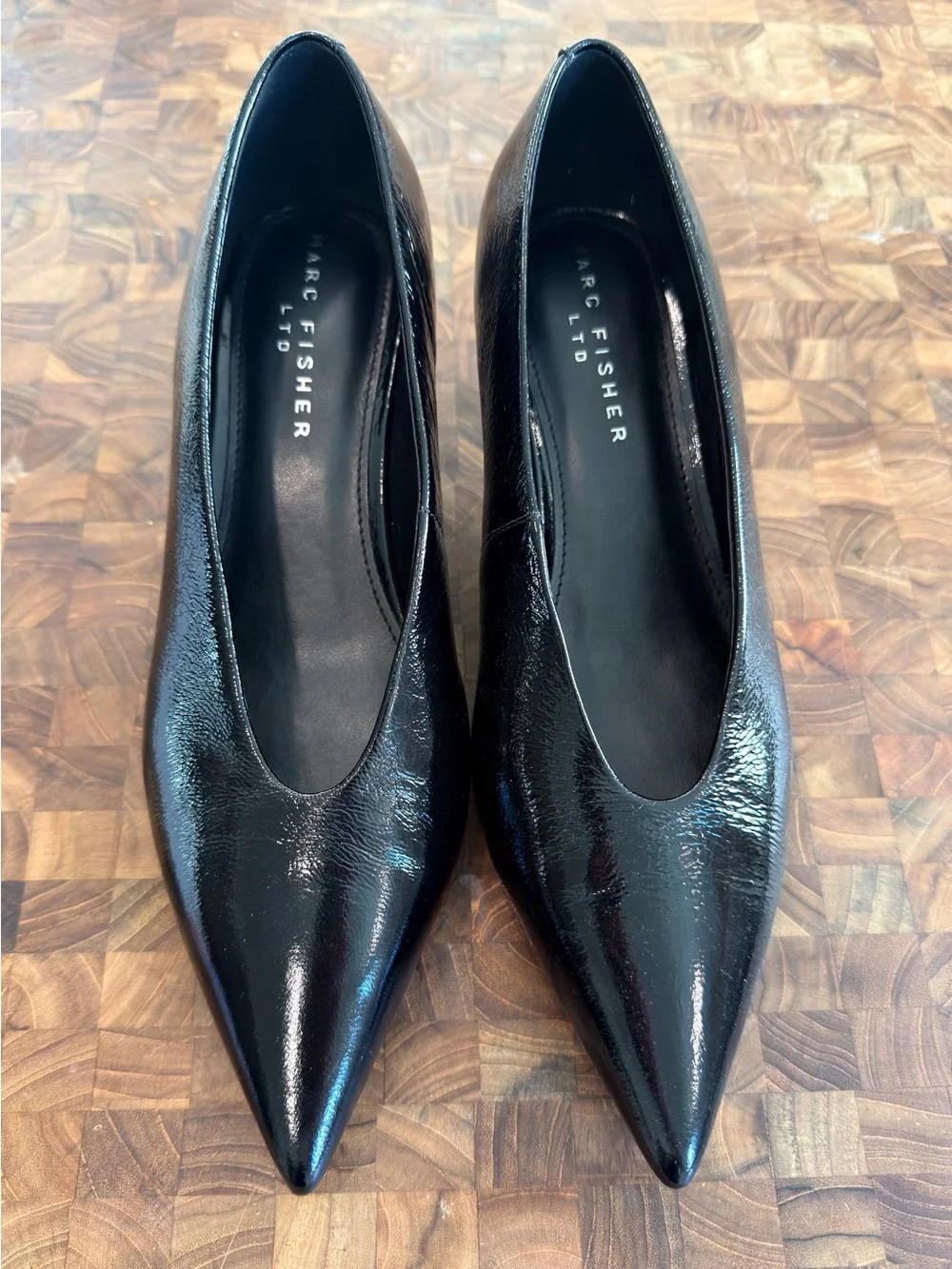 Marc Fisher LTD Cecile Pointed Toe Kitten Heel Pumps in Shiny Black Leather